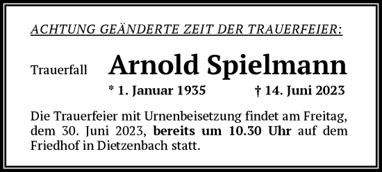 Todesanzeige von Arnold Spielmann von OF