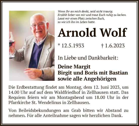 Todesanzeige von Arnold Wolf von OF
