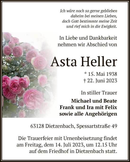 Todesanzeige von Asta Heller von OF