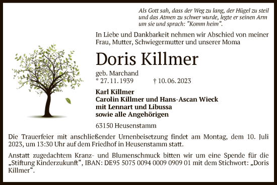 Todesanzeige von Doris Killmer von OF