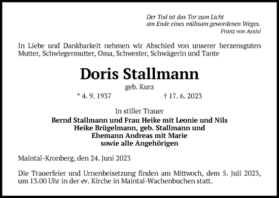 Todesanzeige von Doris Stallmann von OF