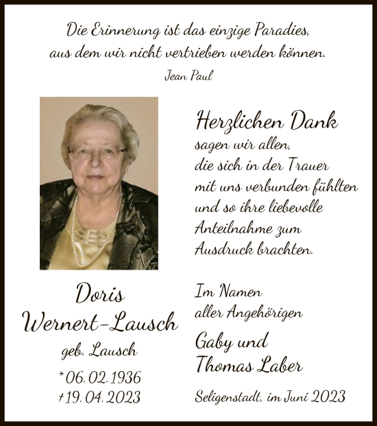 Todesanzeige von Doris Wernert-Lausch von OF