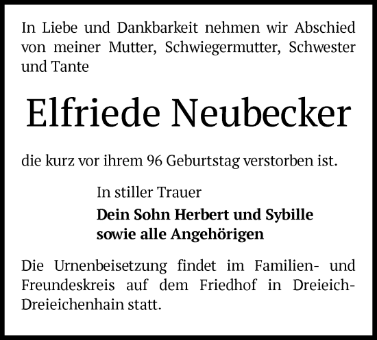 Todesanzeige von Elfriede Neubecker von OF