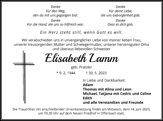 Todesanzeige von Elisabeth Lamm von OF
