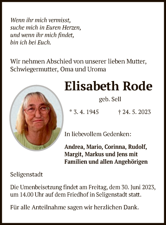 Todesanzeige von Elisabeth Rode von OF