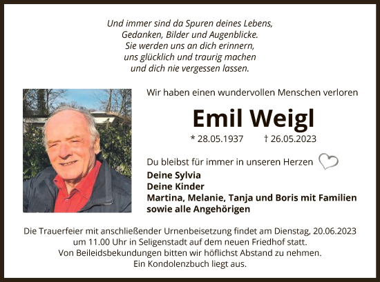 Todesanzeige von Emil Weigl von OF
