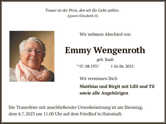 Todesanzeige von Emmy Wengenroth von OF