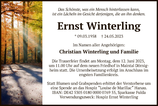 Todesanzeige von Ernst Winterling von OF