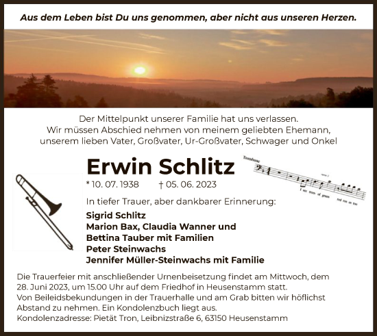 Todesanzeige von Erwin Schlitz von OF