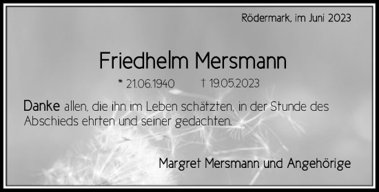 Todesanzeige von Friedhelm Mersmann von OF