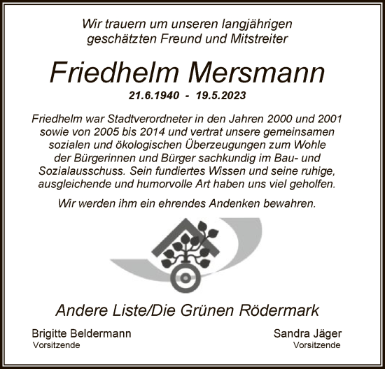 Todesanzeige von Friedhelm Mersmann von OF