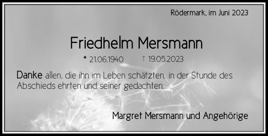 Todesanzeige von Friedhelm Mersmann von OF