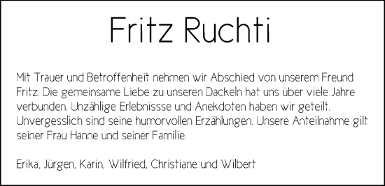 Todesanzeige von Fritz Ruchti von OF