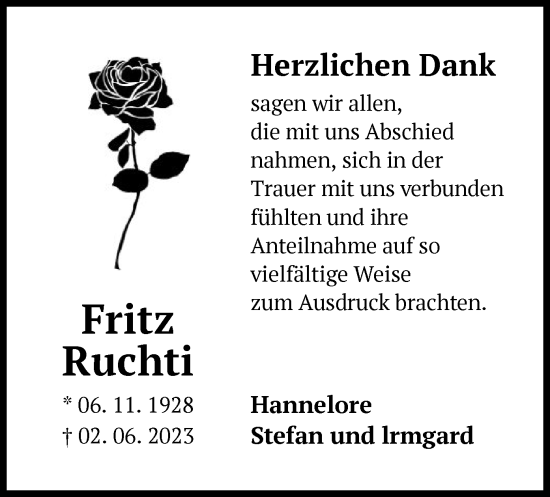Todesanzeige von Fritz Ruchti von OF