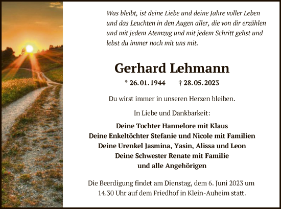 Todesanzeige von Gerhard Lehmann von OF