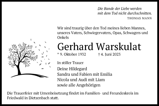 Todesanzeige von Gerhard Warskulat von OF