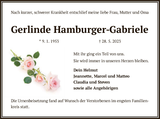 Todesanzeige von Gerlinde Hamburger-Gabriele von OF