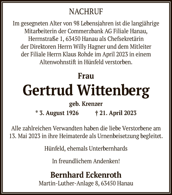 Todesanzeige von Gertrud Wittenberg von OF