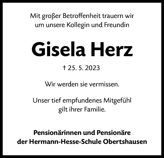 Todesanzeige von Gisela Herz von OF