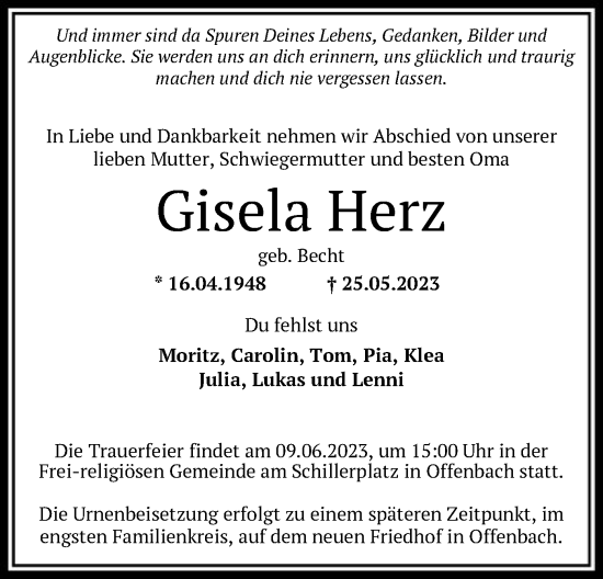 Todesanzeige von Gisela Herz von OF