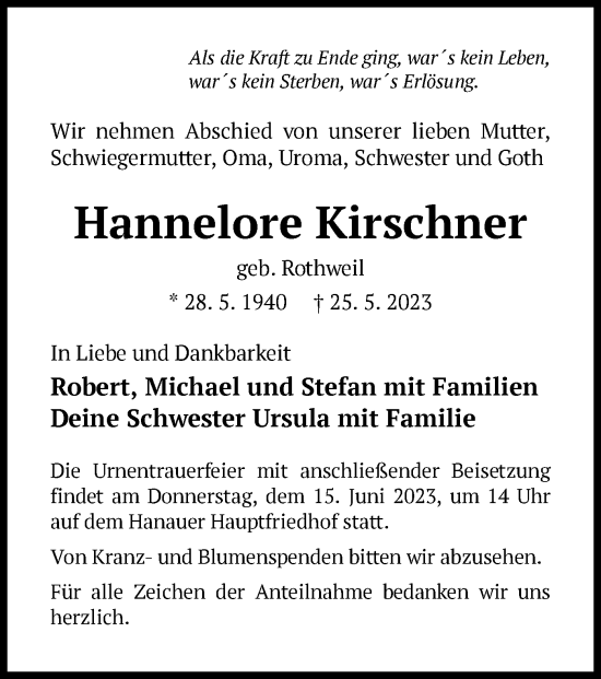Todesanzeige von Hannelore Kirschner von OF