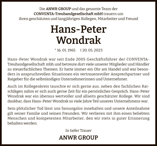 Todesanzeige von Hans-Peter Wondrak von OF