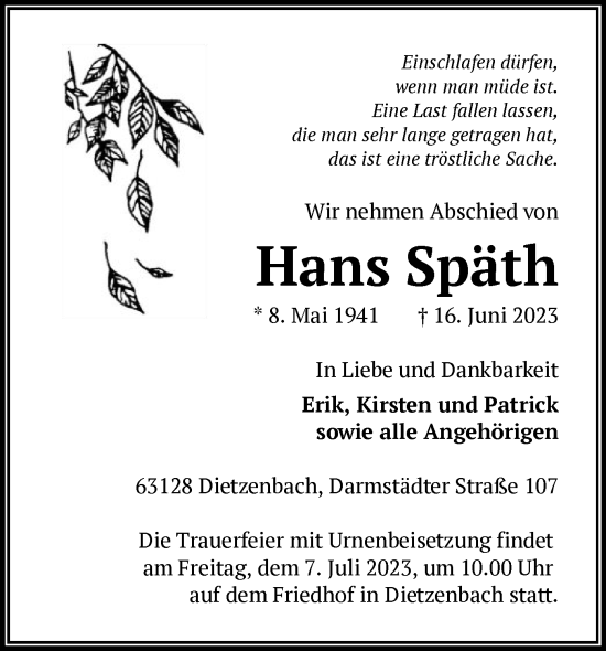 Todesanzeige von Hans Späth von OF