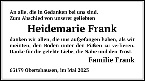 Todesanzeige von Heidemarie Frank von OF