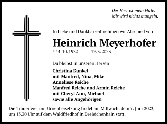 Todesanzeige von Heinrich Meyerhofer von OF