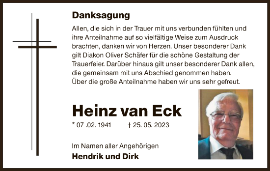 Todesanzeige von Heinz van Eck von OF