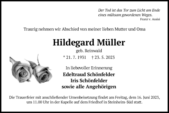 Todesanzeige von Hildegard Müller von OF