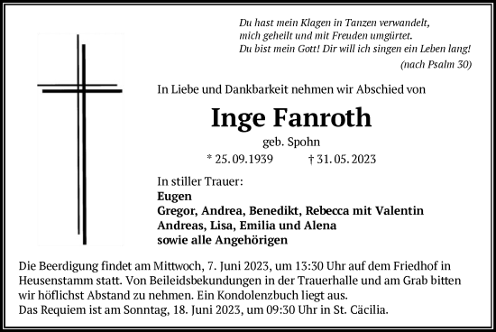 Todesanzeige von Inge Fanroth von OF