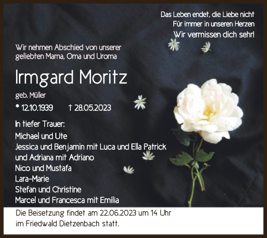 Todesanzeige von Irmgard Moritz von OF