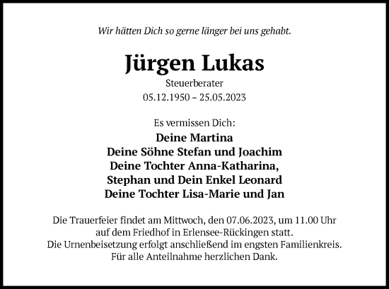 Todesanzeige von Jürgen Lukas von OF