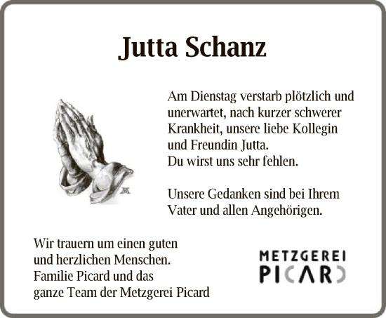 Todesanzeige von Jutta Schanz von OF
