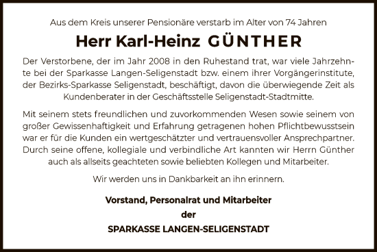 Todesanzeige von Karl-Heinz  Günther von OF