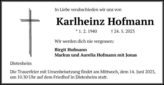 Todesanzeige von Karlheinz Hofmann von OF