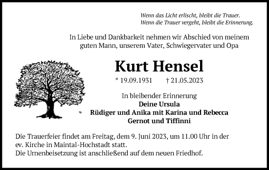 Todesanzeige von Kurt Hensel von OF