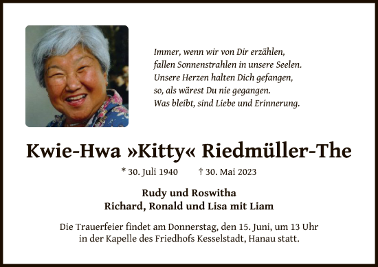 Todesanzeige von Kwie-Hwa  Riedmüller-The von OF