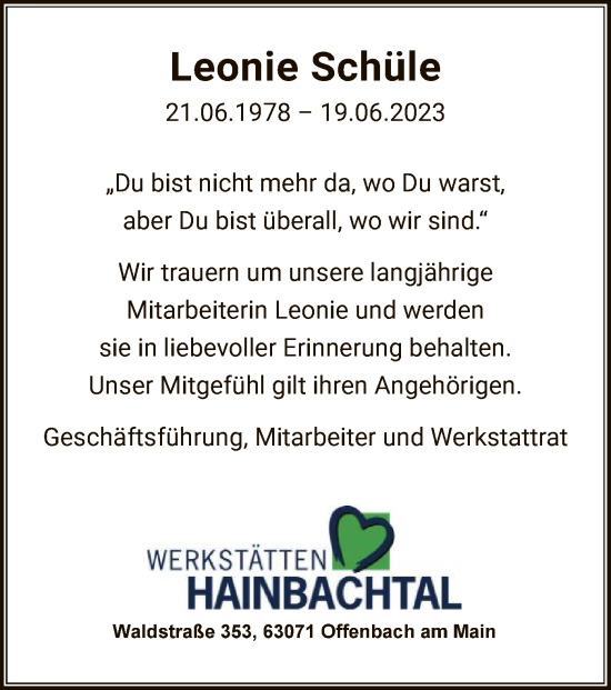 Todesanzeige von Leonie Schüle von OF