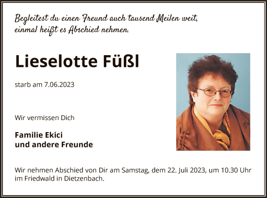 Todesanzeige von Lieselotte Füßl von OF