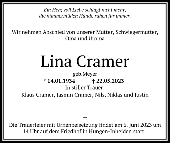 Todesanzeige von Lina Cramer von OF