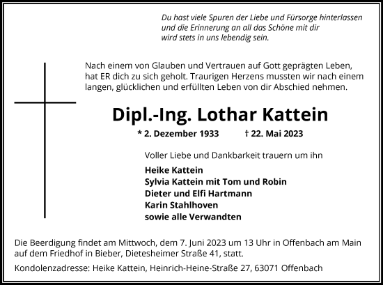 Todesanzeige von Lothar Kattein von OF