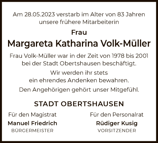 Todesanzeige von Margareta Katharina Volk-Müller von OF