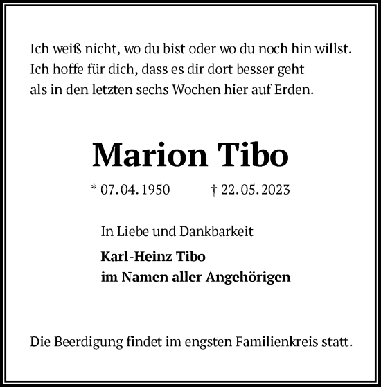 Todesanzeige von Marion Tibo von OF