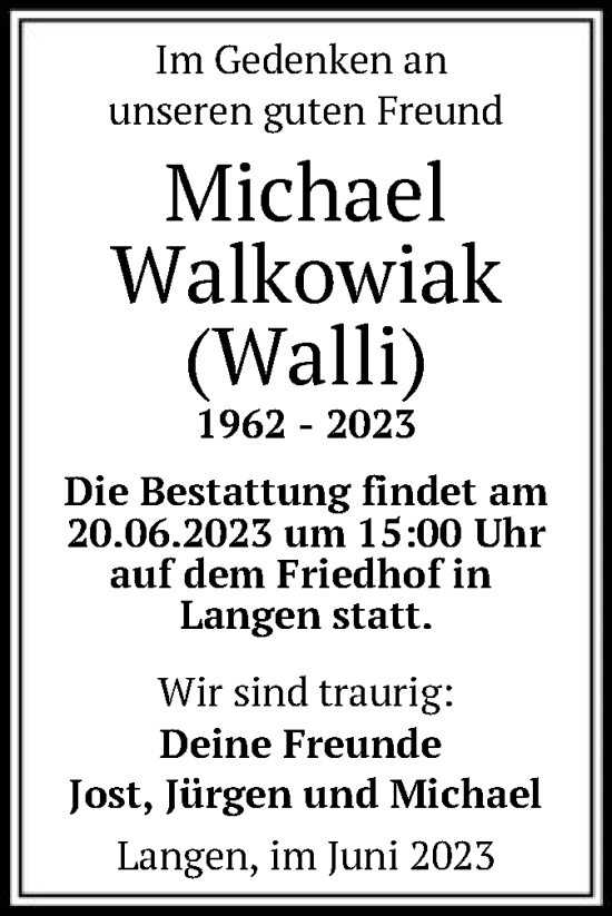 Todesanzeige von Michael Walkowiak von OF