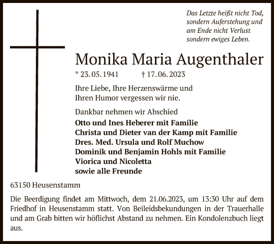 Todesanzeige von Monika Maria Augenthaler von OF