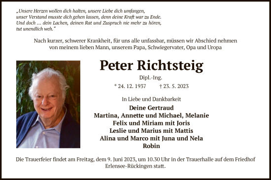 Todesanzeige von Peter Richtsteig von OF