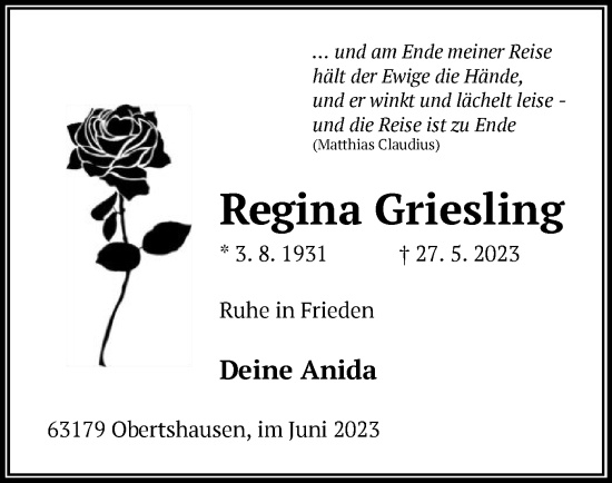 Todesanzeige von Regina Griesling von OF