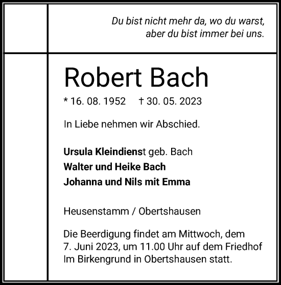 Todesanzeige von Robert Bach von OF